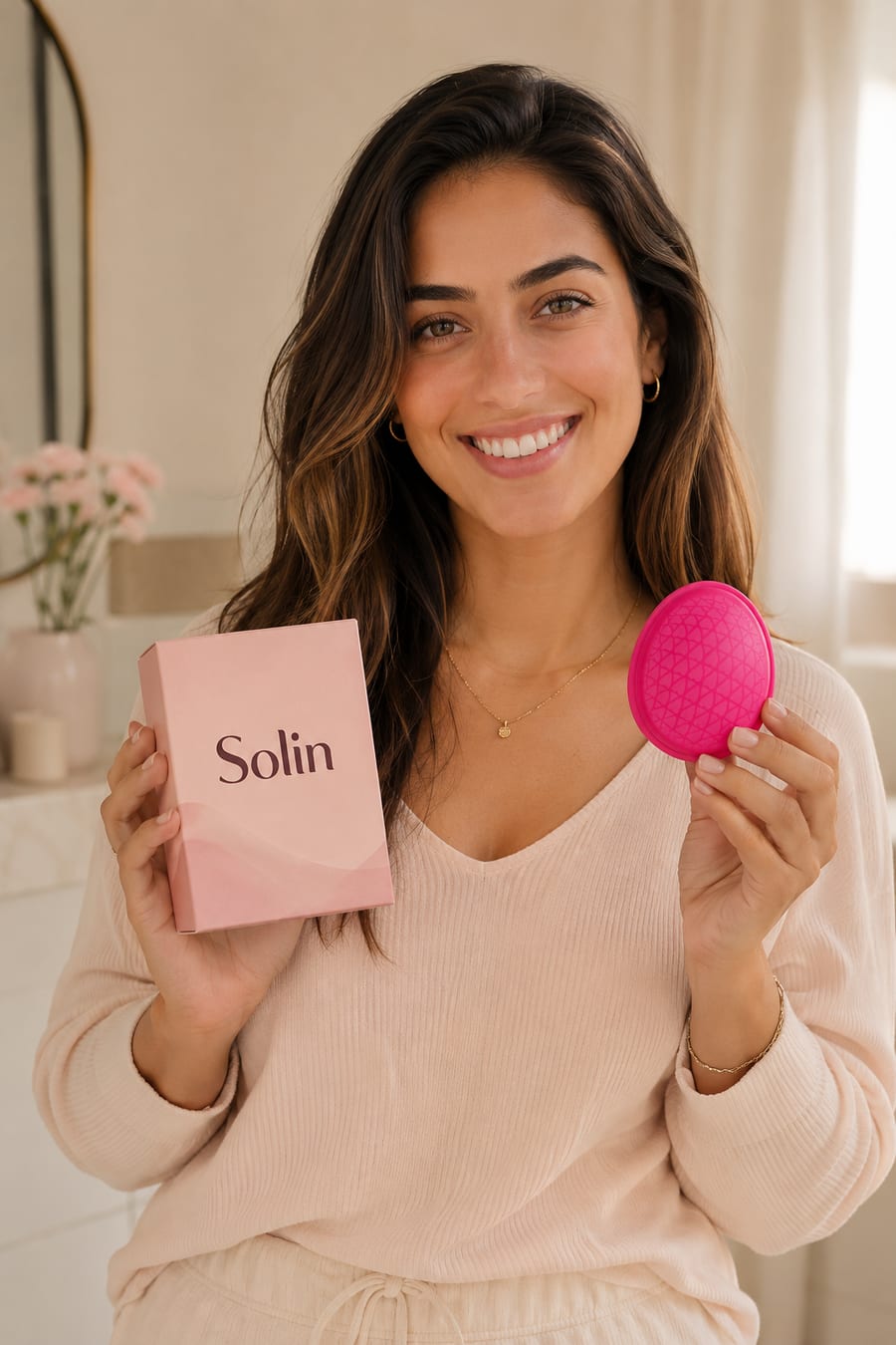 דוגמנית מותג מחזיקה את אריזת Solin ואת דיסקית המחזור